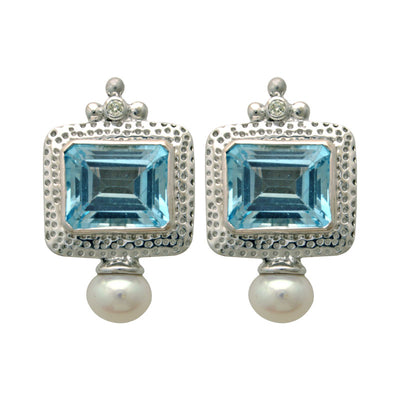 Earrings - Blue Topaz, Fresh Water Pearl and Diamond