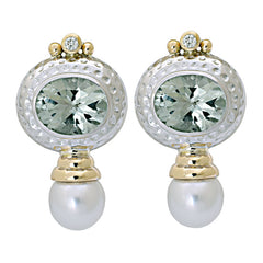 Earrings-Green Quartz, South Sea Pearl and Diamond