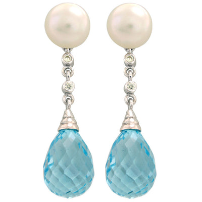 Earrings - Blue Topaz, Fresh Water Pearl and Diamond