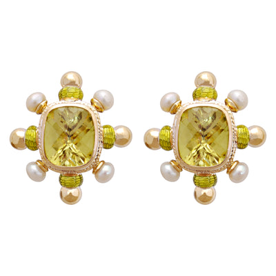 Earrings- Lemon Quartz And Pearl (Enamel) (1815A)