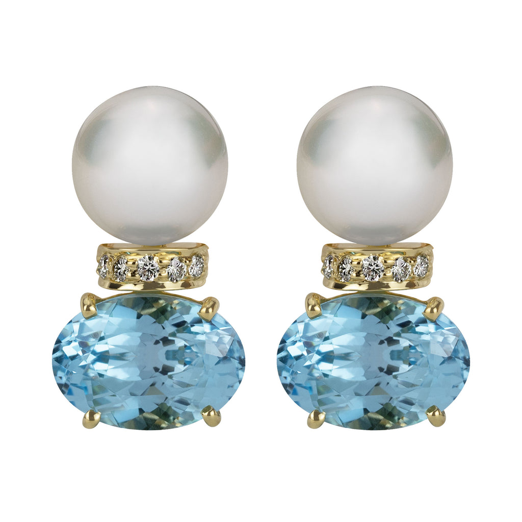 Earrings - South Sea Pearl, Blue Topaz And Diamond