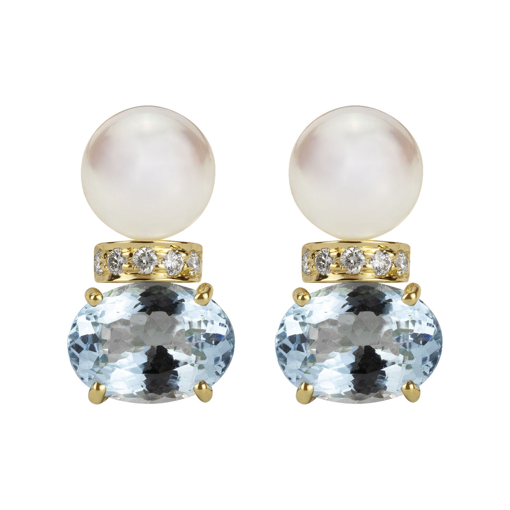 Earrings - South Sea Pearl, Aquamarine And Diamond