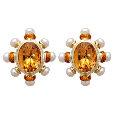Earrings - Citrine And Pearl (Enamel)
