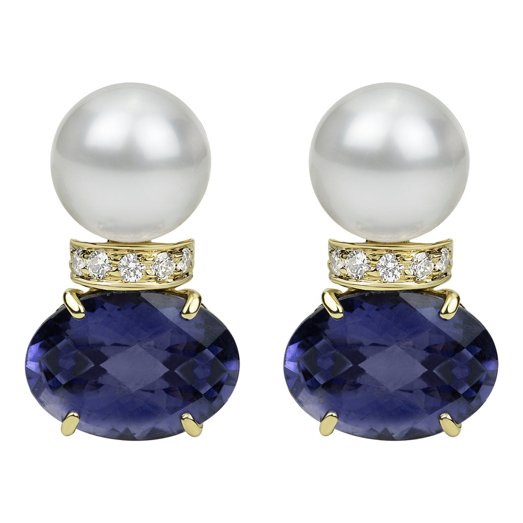 Earrings - South Sea Pearl, Iolite And Diamond