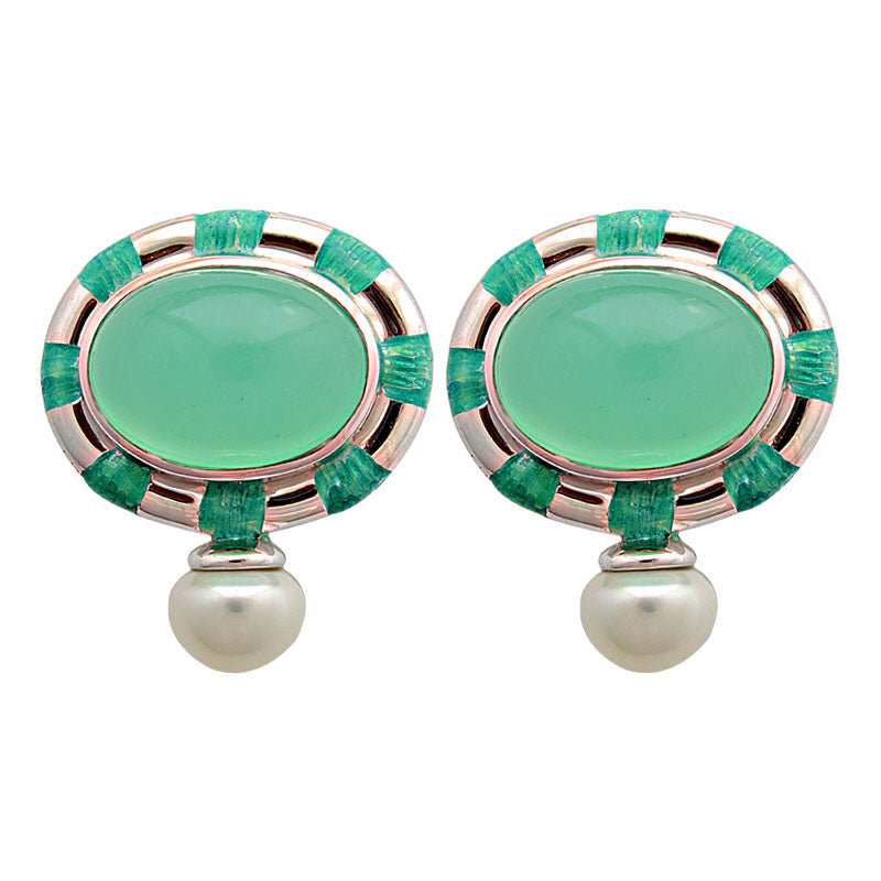 Earrings-Chrysoprase and Fresh Water Pearl (Enamel)