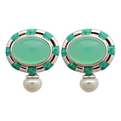 Earrings - Chrysoprase And Freshwater Pearl (Enamel)