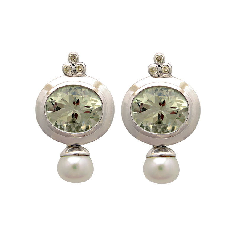 Earrings - Green Quartz, Fresh Water Pearl and Diamond | Singhvi Jewels