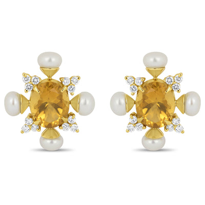 Earrings - Citrine, Pearl And Diamond