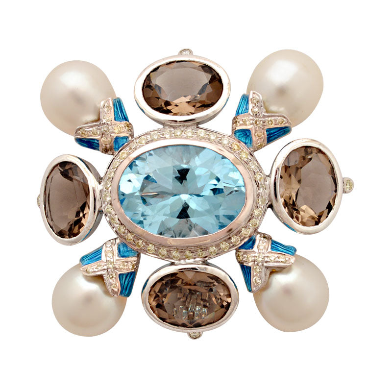 Brooch - Blue Topaz, Smokey Quartz, South Sea Pearl and Diamond (Enamel) | Singhvi Jewels