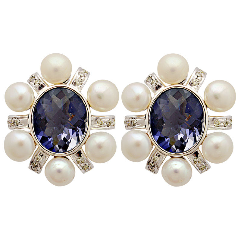 Earrings-Iolite, Fresh Water Pearl and Diamond