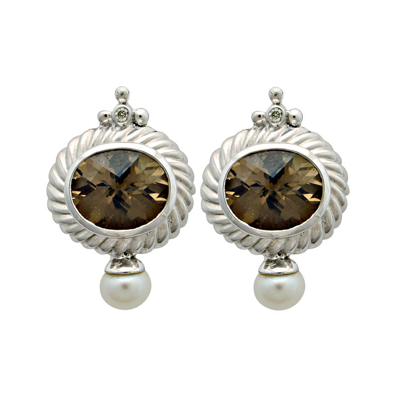 Earrings-Smokey Quartz, Fresh Water Pearl and Diamond | Singhvi Jewels