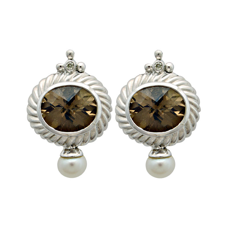 Earrings-Smokey Quartz, Fresh Water Pearl and Diamond