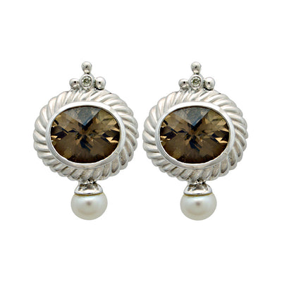 Earrings-Smokey Quartz, Fresh Water Pearl and Diamond