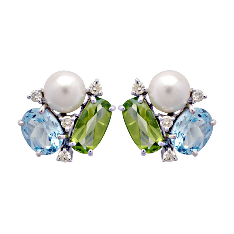 Earrings-South Sea Pearl, Blue Topaz, Peridot and Diamond | Singhvi Jewels