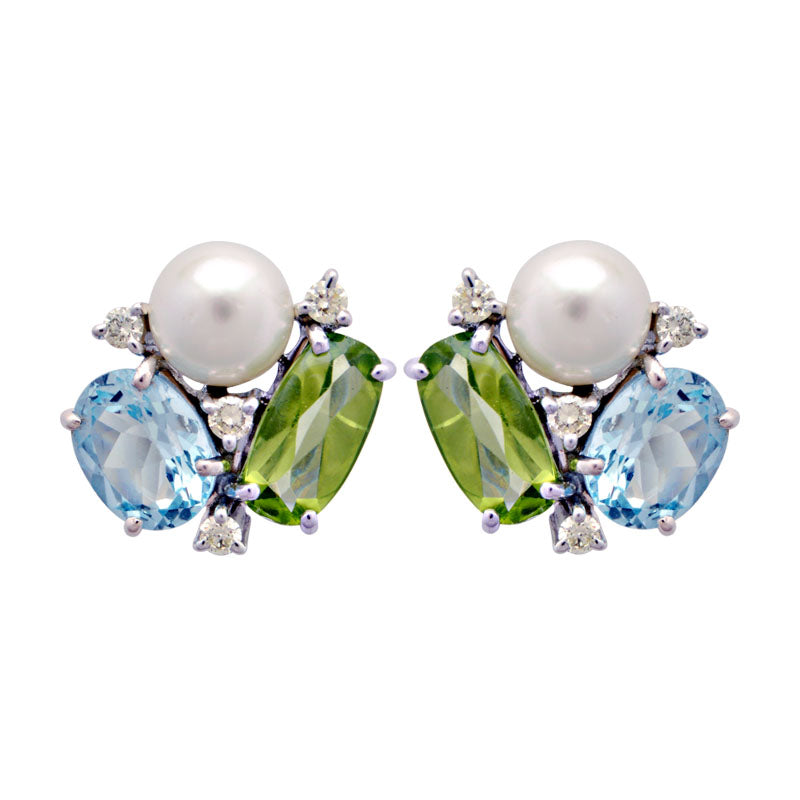 Earrings-South Sea Pearl, Blue Topaz, Peridot and Diamond