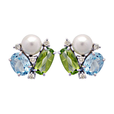 Earrings-South Sea Pearl, Blue Topaz, Peridot and Diamond
