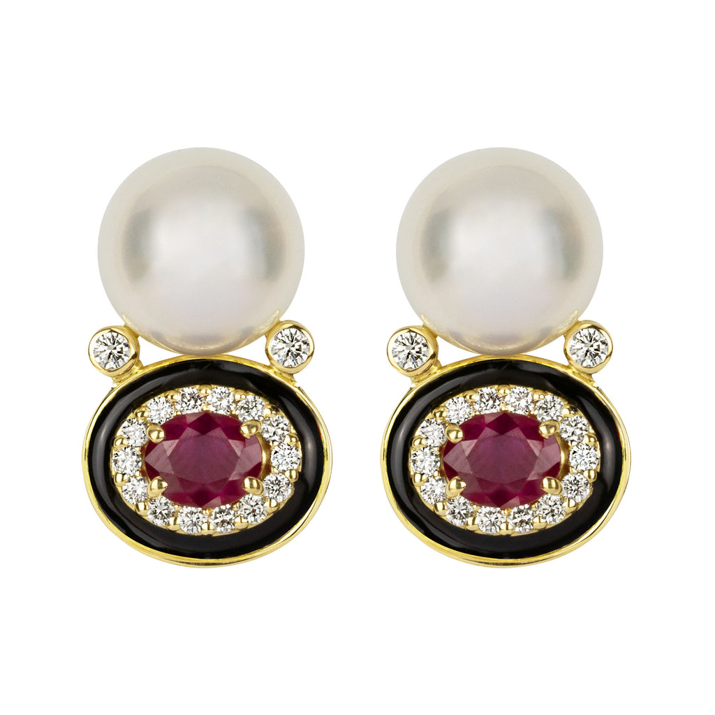 Earrings - South Sea Pearl, Ruby And Diamond (enamel)
