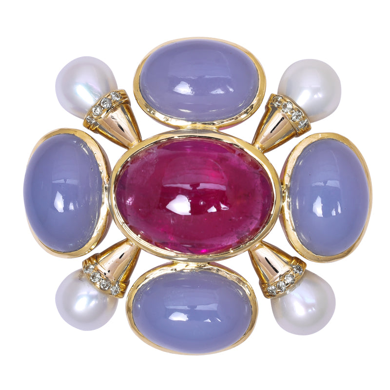 Brooch- Rubellite, Chalcedony, F.w. Pearl And Diamond