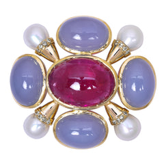 Brooch- Rubellite, Chalcedony, F.w. Pearl And Diamond
