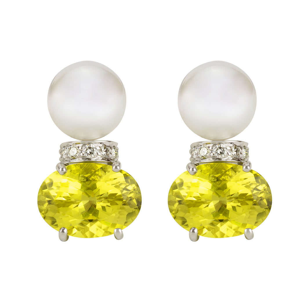 Earrings - South Sea Pearl, Lemond Quartz And Diamond