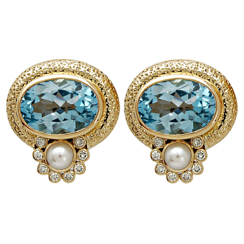 Earrings- Blue Topaz, Pearl And Diamond