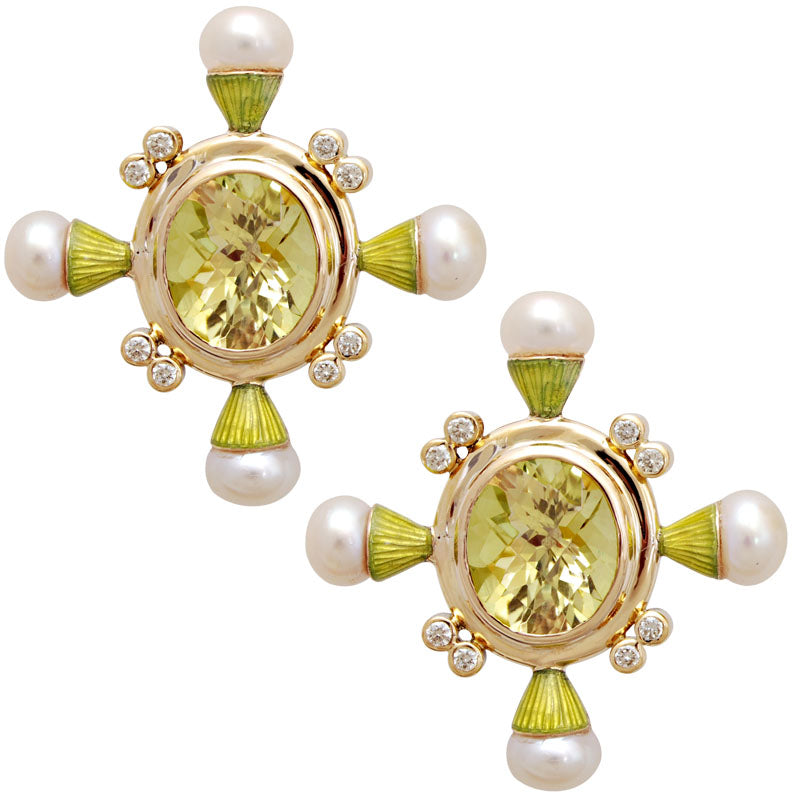 Earrings - Lemon Quartz, Pearl and Diamond (Enamel) | Singhvi Jewels