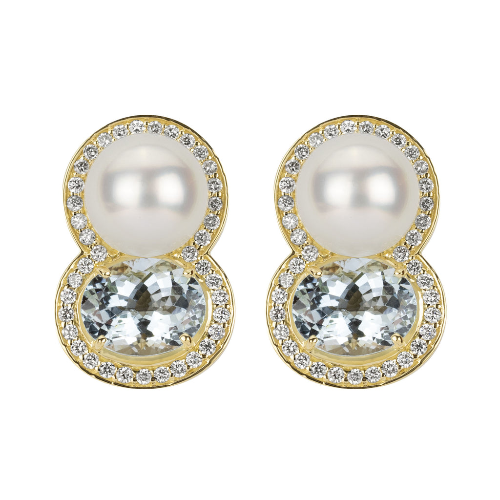 Earrings - South Sea Pearl, Aquamarine And Diamond