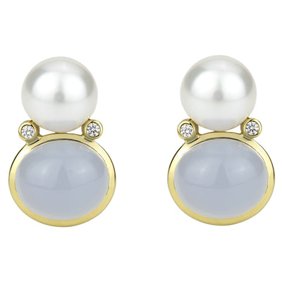 Earrings - South Sea Pearl, Chalcedony And Diamond