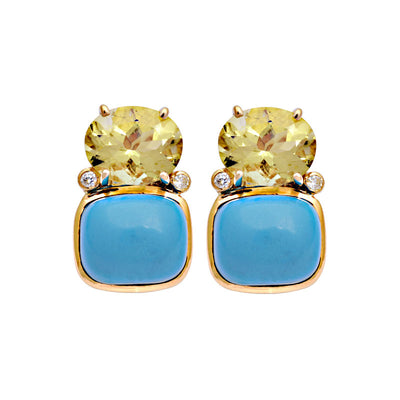 Earrings- Lemon Quartz, Synthetic Turquoise And Diamond (2126C)