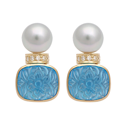 Earrings - South Sea Pearl, Blue Topaz And Diamond (2315A)