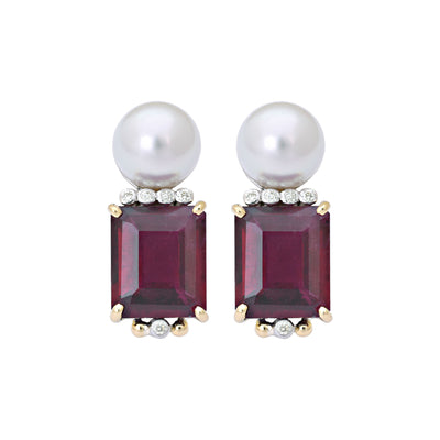 Earrings- Rubellite, South Sea Pearl And Diamond (9FM)