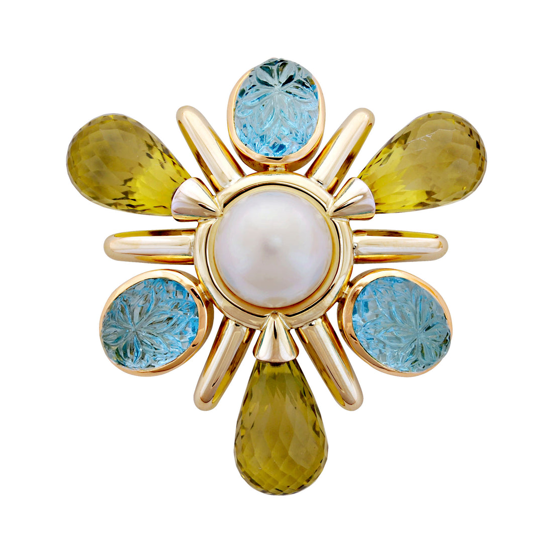 Brooch - Blue Topaz, Lemon Quartz and Pearl | Singhvi Jewels