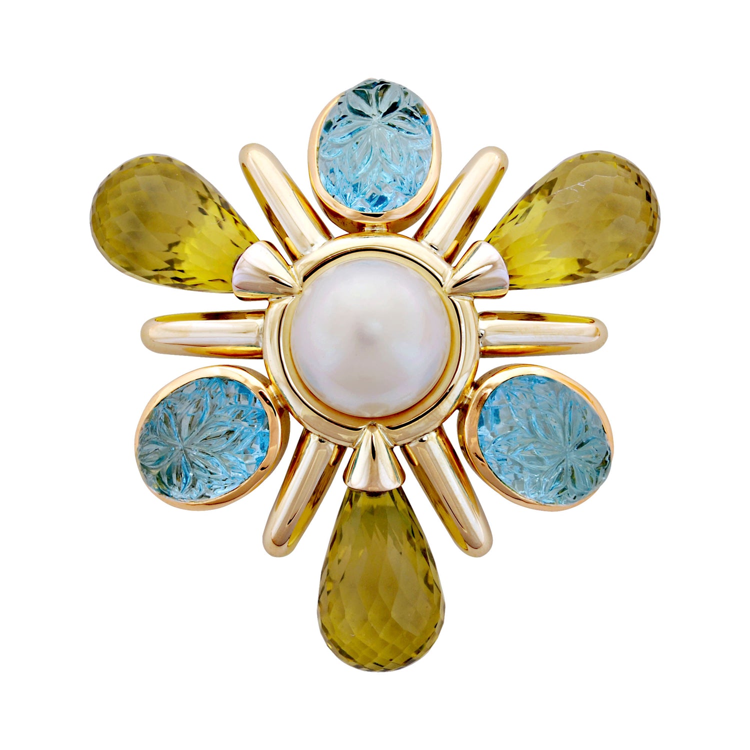 Brooch - Blue Topaz, Lemon Quartz and Pearl | Singhvi Jewels