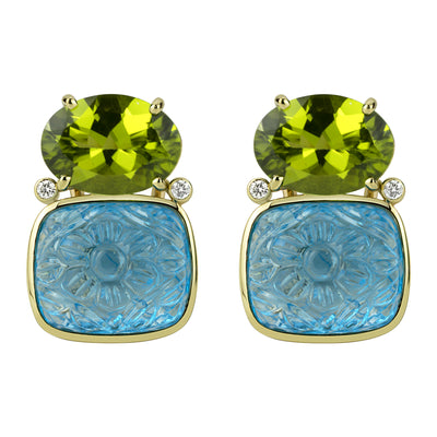 Earrings - Peridot , Blue Topaz And Diamond (2314D)