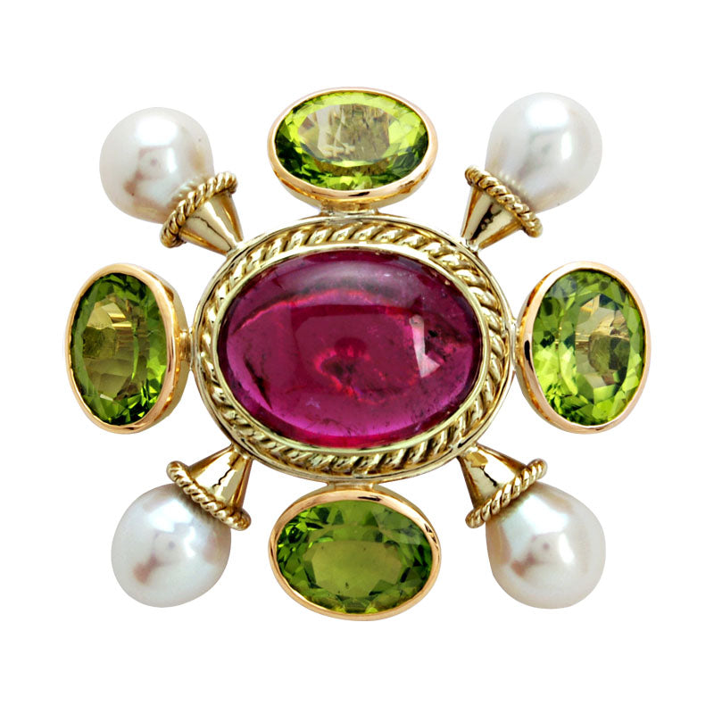Brooch- Peridot, Pearl And Rubellite (1358F) | Singhvi Jewels