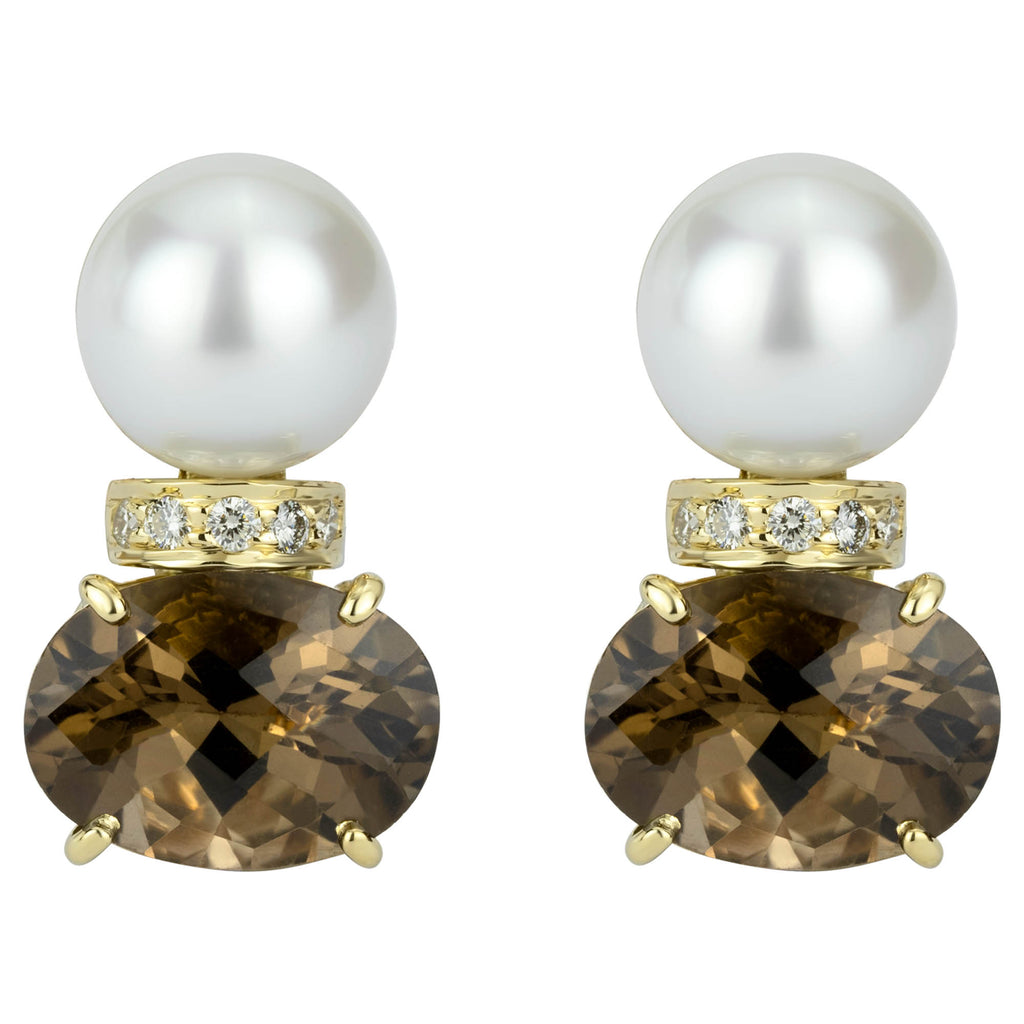 Earrings - South Sea Pearl, Smoky Quartz And Diamond